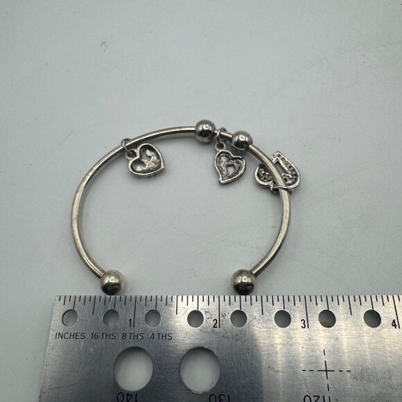 Silver-Tone Bangle Bracelet with Etched Heart Charms Adjustable - Picture 6 of 8